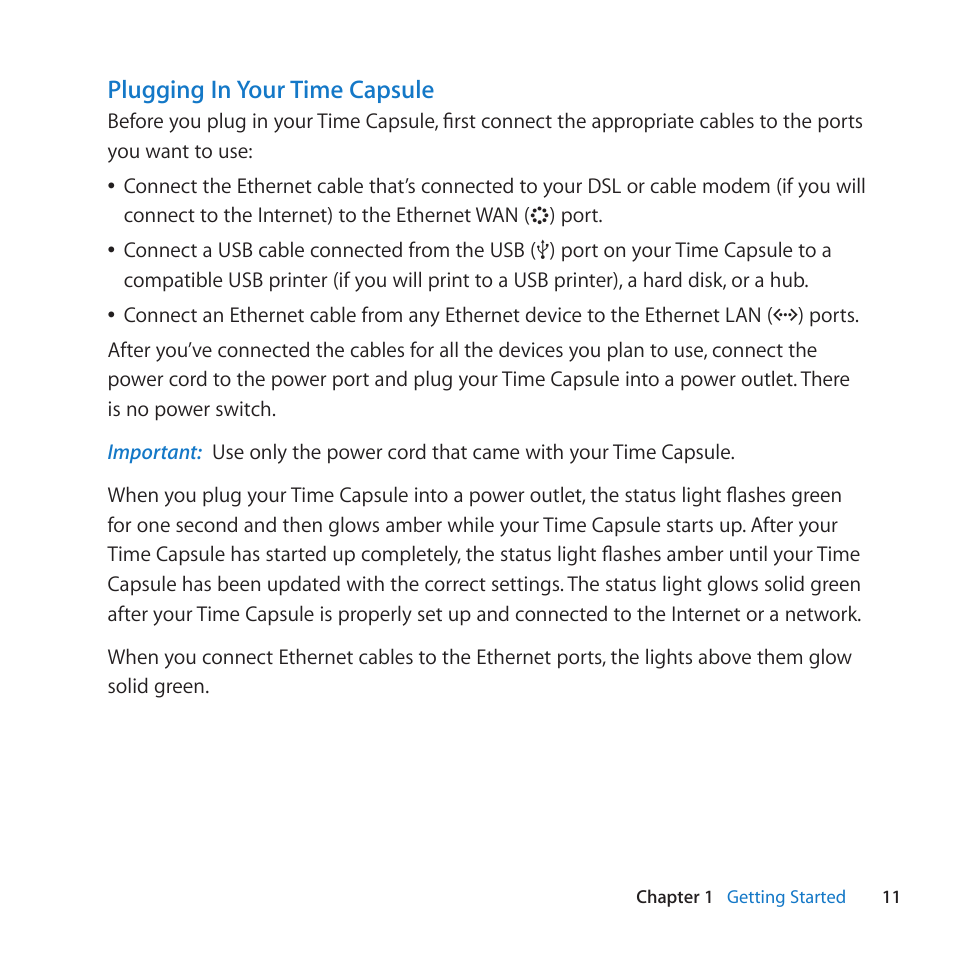 Plugging in your time capsule | Apple AirPort Time Capsule 802.11n (4th Generation) User Manual | Page 11 / 44