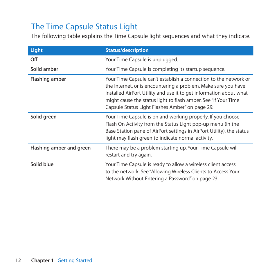 The time capsule status light, 12 the time capsule status light, The﻿time﻿capsule﻿status﻿light | Apple AirPort Time Capsule 802.11n (4th Generation) User Manual | Page 12 / 44