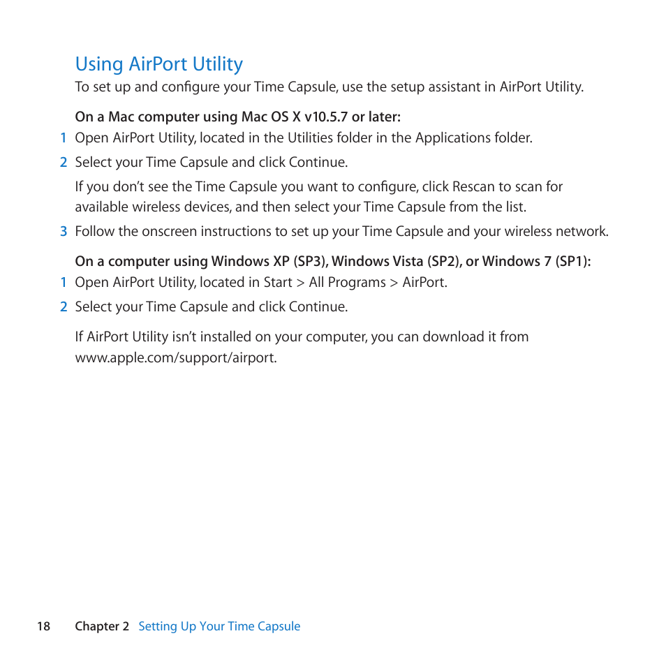 Using airport utility, 18 using airport utility, Using﻿airport﻿utility | Apple AirPort Time Capsule 802.11n (4th Generation) User Manual | Page 18 / 44