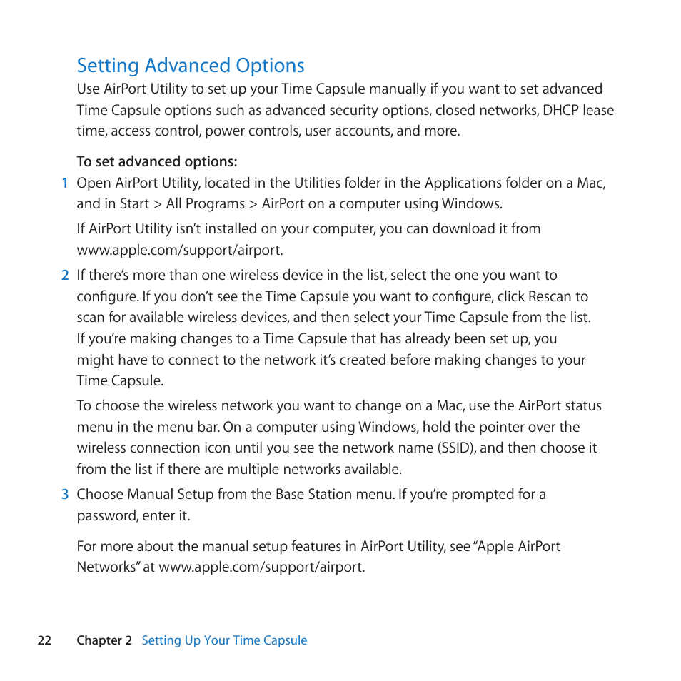 Setting advanced options, 22 setting advanced options, Setting﻿advanced﻿options | Apple AirPort Time Capsule 802.11n (4th Generation) User Manual | Page 22 / 44