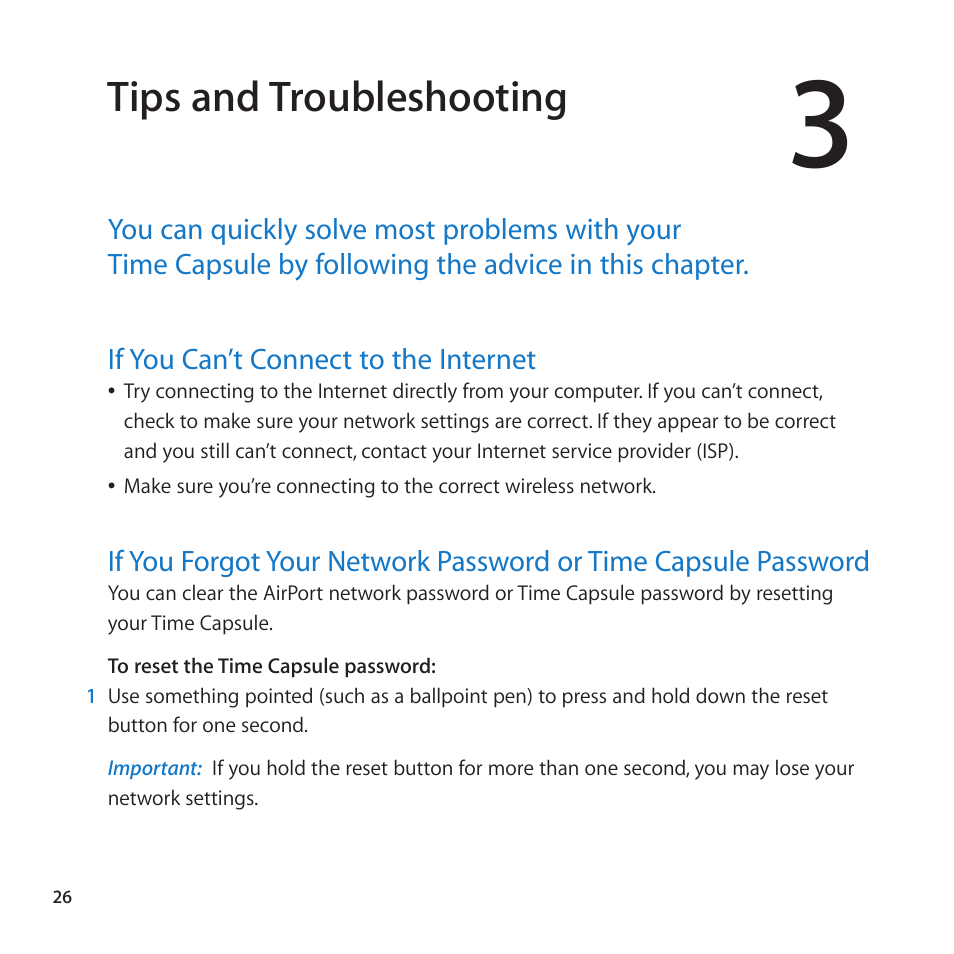 Tips and troubleshooting, If you can’t connect to the internet | Apple AirPort Time Capsule 802.11n (4th Generation) User Manual | Page 26 / 44