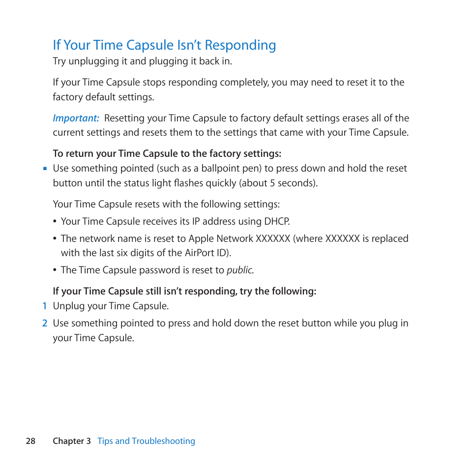 If your time capsule isn’t responding, 28 if your time capsule isn’t responding, If﻿your﻿time﻿capsule﻿isn’t﻿responding | Apple AirPort Time Capsule 802.11n (4th Generation) User Manual | Page 28 / 44