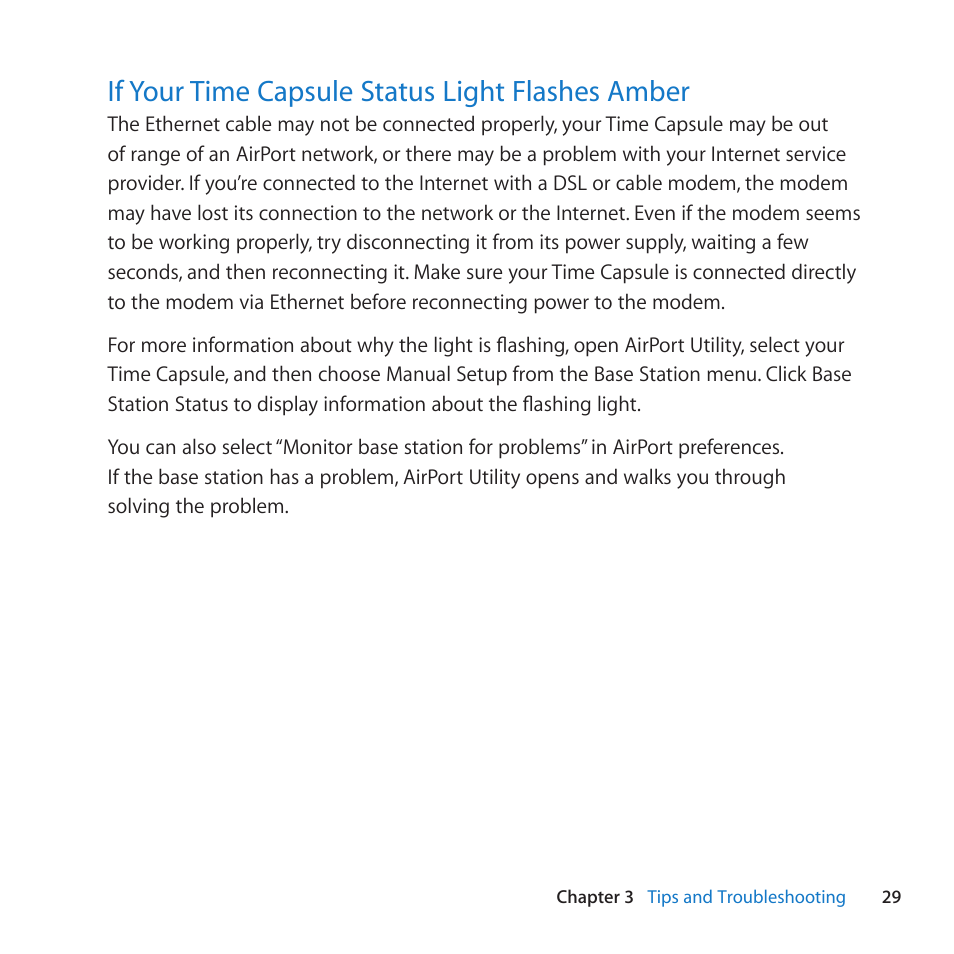 If your time capsule status light flashes amber, 29 if your time capsule status light flashes amber, If﻿your﻿time﻿capsule﻿status﻿light﻿flashes﻿amber | Apple AirPort Time Capsule 802.11n (4th Generation) User Manual | Page 29 / 44