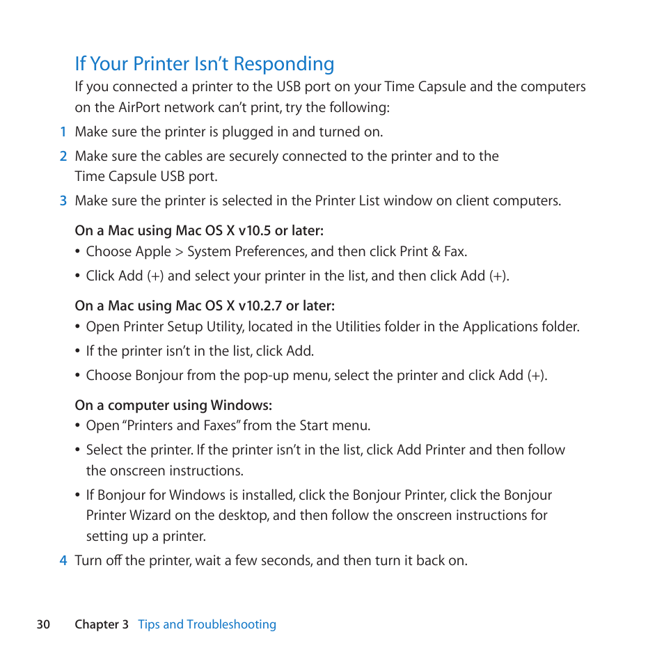 If your printer isn’t responding, 30 if your printer isn’t responding, If﻿your﻿printer﻿isn’t﻿responding | Apple AirPort Time Capsule 802.11n (4th Generation) User Manual | Page 30 / 44