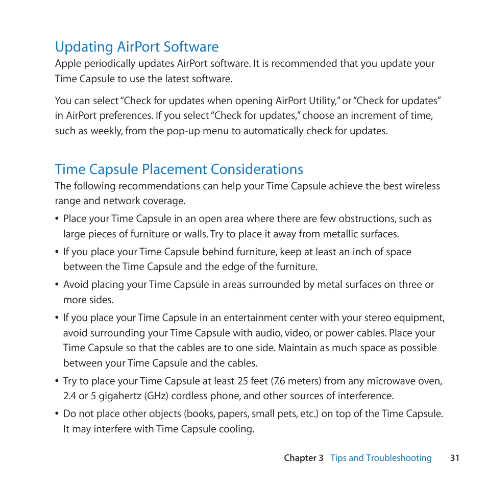 Updating airport software, Time capsule placement considerations, Updating﻿airport﻿software | Time﻿capsule﻿placement﻿considerations | Apple AirPort Time Capsule 802.11n (4th Generation) User Manual | Page 31 / 44