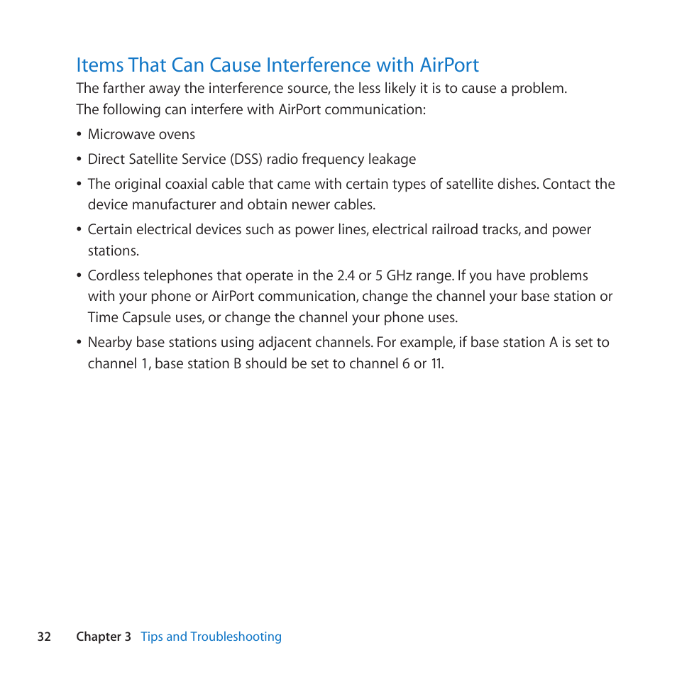 Items that can cause interference with airport, 32 items that can cause interference with airport, Items﻿that﻿can﻿cause﻿interference﻿with﻿airport | Apple AirPort Time Capsule 802.11n (4th Generation) User Manual | Page 32 / 44