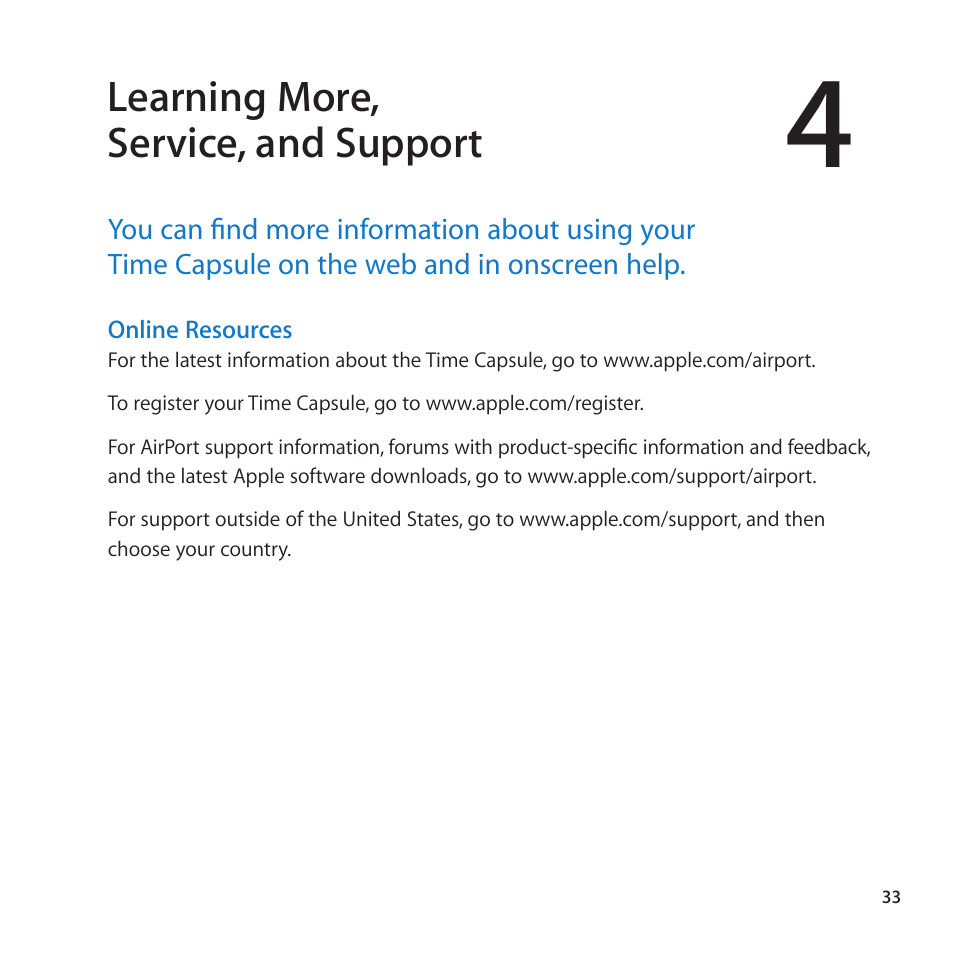 Learning more, service, and support | Apple AirPort Time Capsule 802.11n (4th Generation) User Manual | Page 33 / 44
