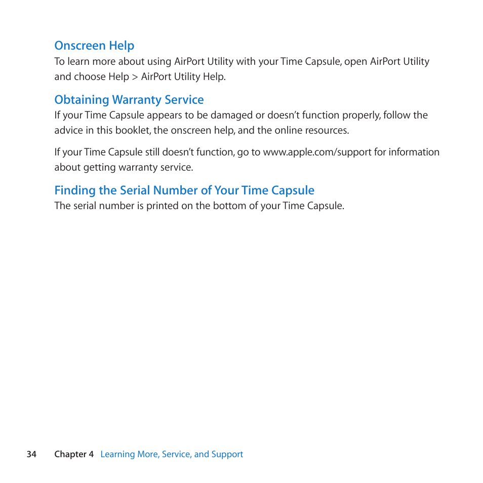 Onscreen help, Obtaining warranty service, Finding the serial number of your time capsule | Apple AirPort Time Capsule 802.11n (4th Generation) User Manual | Page 34 / 44