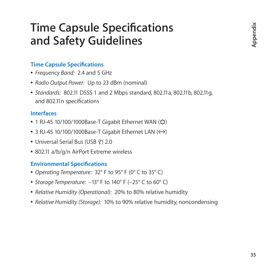 Time capsule specifications and safety guidelines | Apple AirPort Time Capsule 802.11n (4th Generation) User Manual | Page 35 / 44