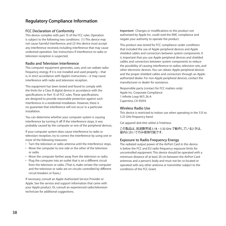 Regulatory compliance information, 38 regulatory compliance information | Apple AirPort Time Capsule 802.11n (4th Generation) User Manual | Page 38 / 44