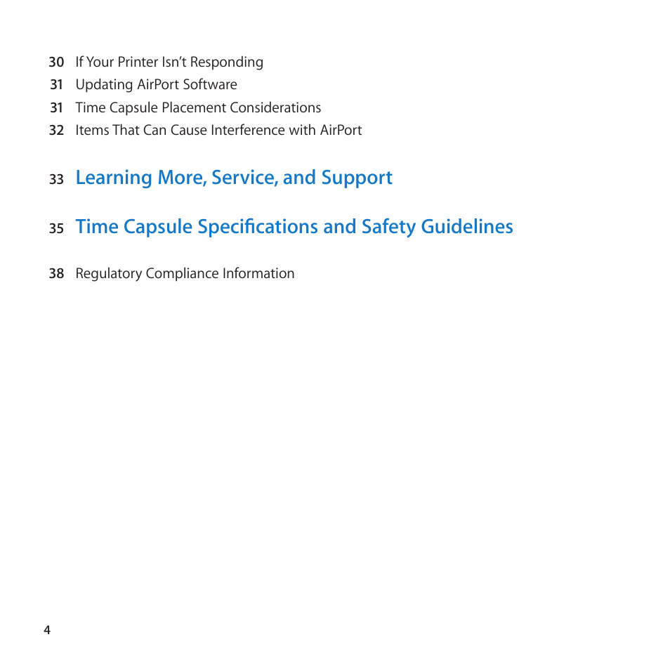 Learning more, service, and support, Time capsule specifications and safety guidelines | Apple AirPort Time Capsule 802.11n (4th Generation) User Manual | Page 4 / 44