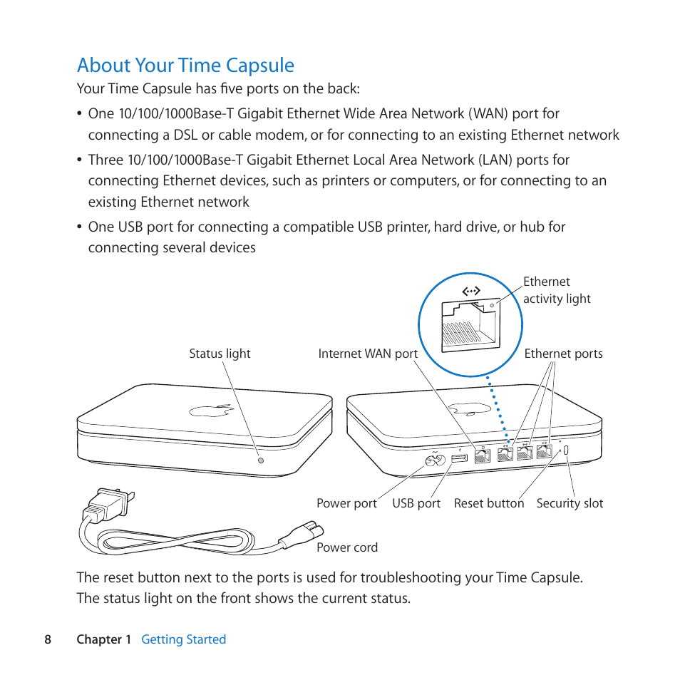 About your time capsule, 8 about your time capsule, About﻿your﻿time﻿capsule | Apple AirPort Time Capsule 802.11n (4th Generation) User Manual | Page 8 / 44