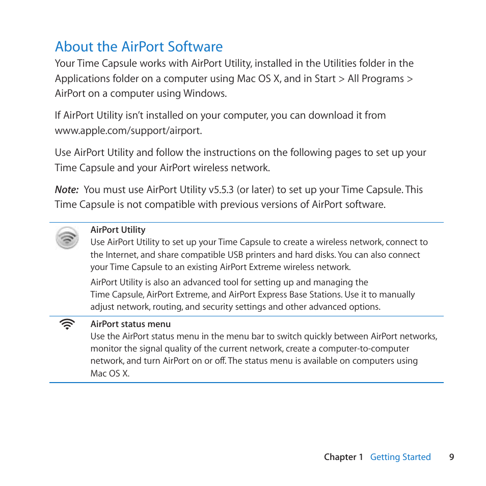 About the airport software, 9 about the airport software, About﻿the﻿airport﻿software | Apple AirPort Time Capsule 802.11n (4th Generation) User Manual | Page 9 / 44