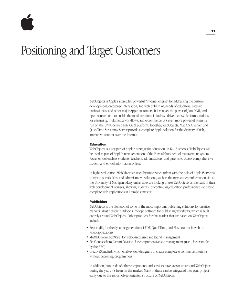 Positioning and target customers | Apple WebObjects 5 User Manual | Page 11 / 16