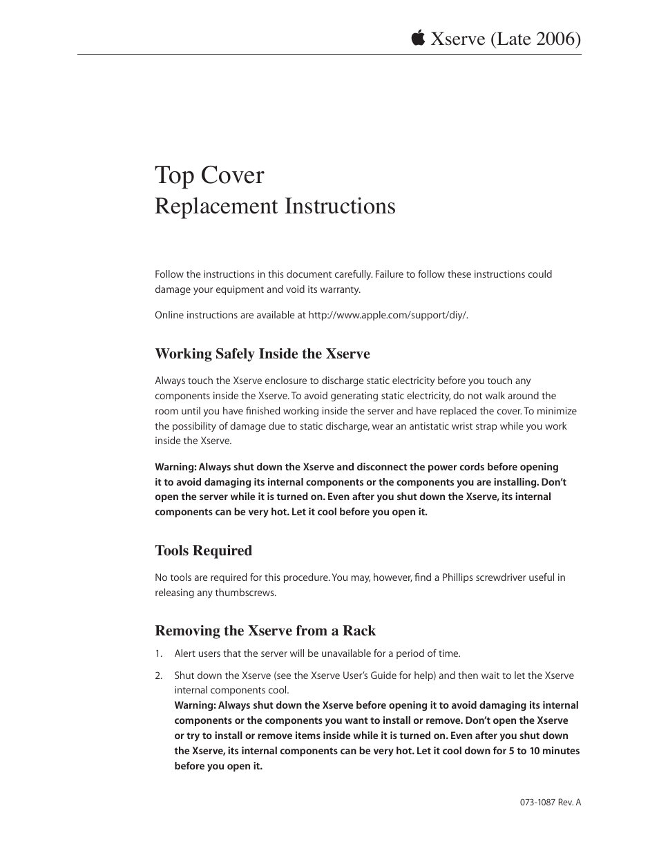 Apple Xserve Intel (Late 2006) DIY Procedure for Top Cover User Manual | 3 pages