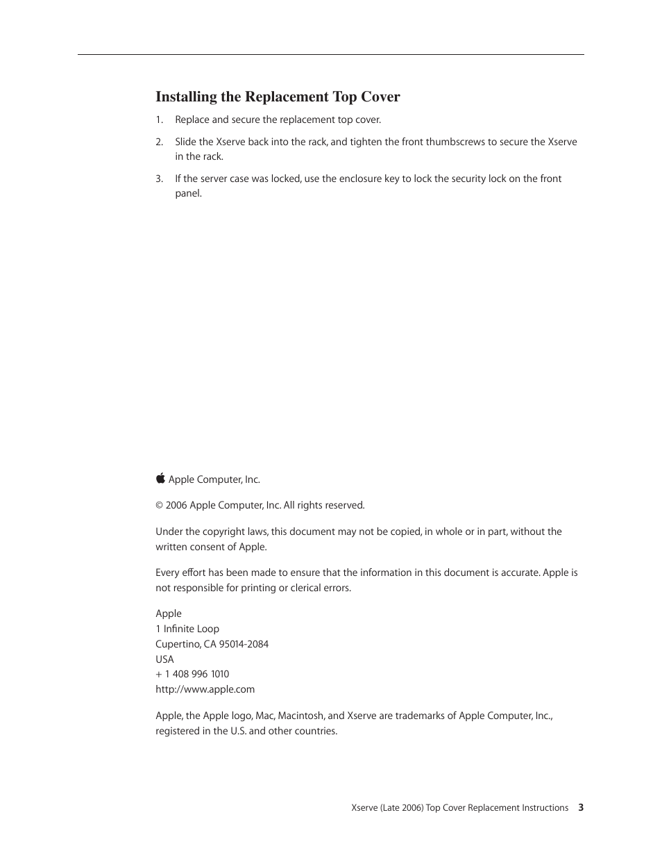 Installing the replacement top cover | Apple Xserve Intel (Late 2006) DIY Procedure for Top Cover User Manual | Page 3 / 3