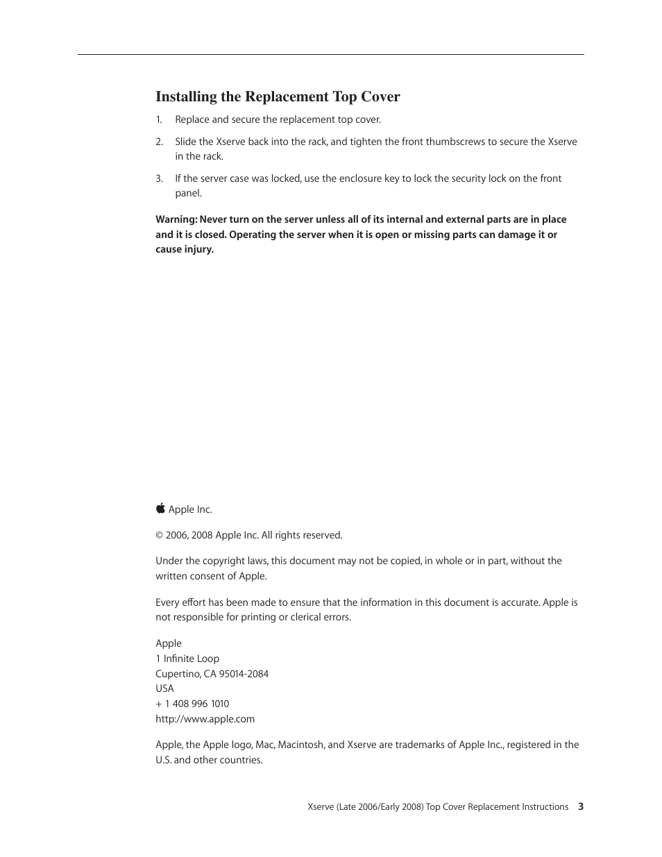 Installing the replacement top cover | Apple Xserve (Early 2008) DIY Procedure for Top Cover User Manual | Page 3 / 3