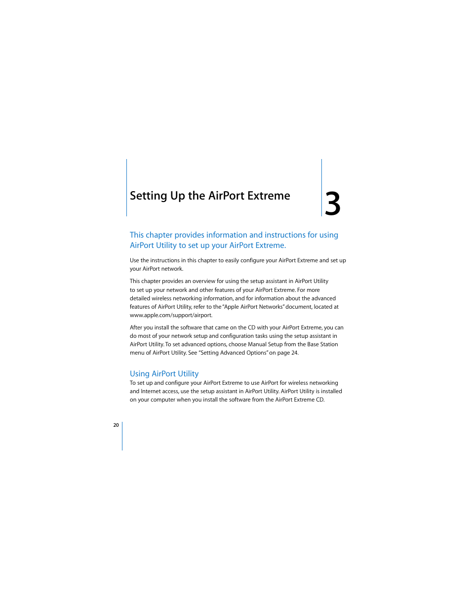 Setting up the airportextreme, Using airport utility, Setting up the airport extreme | Apple AirPort Extreme 802.11n (4th Generation) User Manual | Page 20 / 44