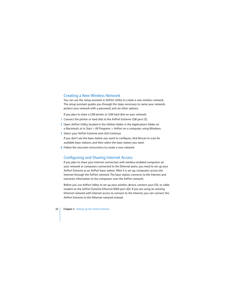 Creating a new wireless network, Configuring and sharing internet access | Apple AirPort Extreme 802.11n (4th Generation) User Manual | Page 22 / 44