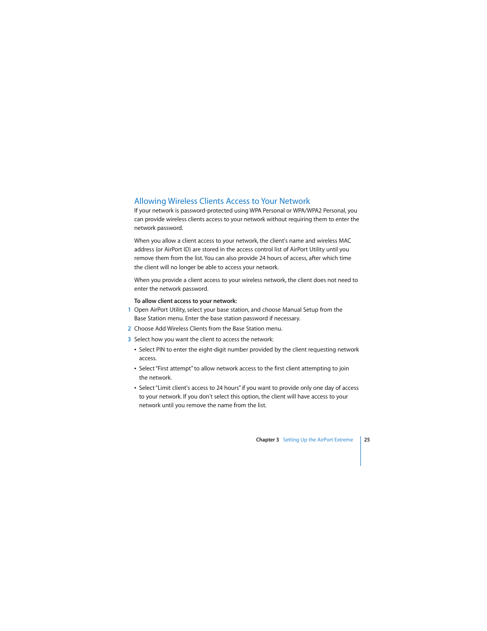 Allowing wireless clients access to your network | Apple AirPort Extreme 802.11n (4th Generation) User Manual | Page 25 / 44