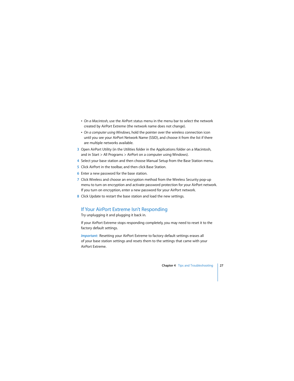 If your airportextreme isn’t responding, If your airport extreme isn’t responding | Apple AirPort Extreme 802.11n (4th Generation) User Manual | Page 27 / 44