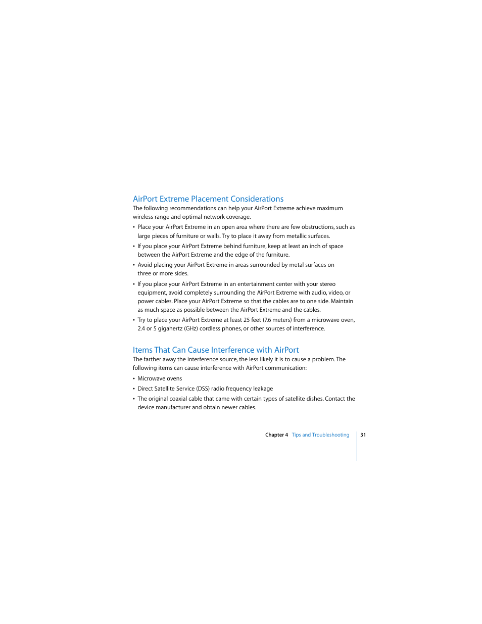 Airportextreme placement considerations, Items that can cause interference with airport, Airport extreme placement considerations | Apple AirPort Extreme 802.11n (4th Generation) User Manual | Page 31 / 44