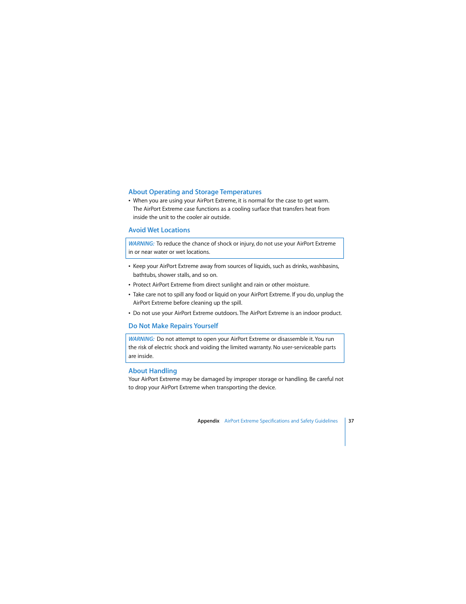 About operating and storage temperatures, Avoid wet locations, Do not make repairs yourself | About handling | Apple AirPort Extreme 802.11n (4th Generation) User Manual | Page 37 / 44