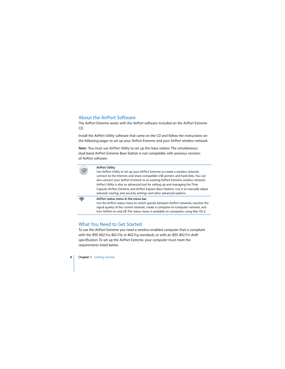 About the airport software, What you need to get started | Apple AirPort Extreme 802.11n (4th Generation) User Manual | Page 8 / 44