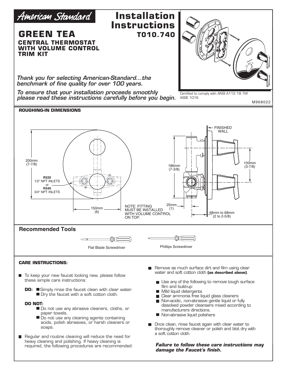 American Standard T010.740 User Manual | 12 pages