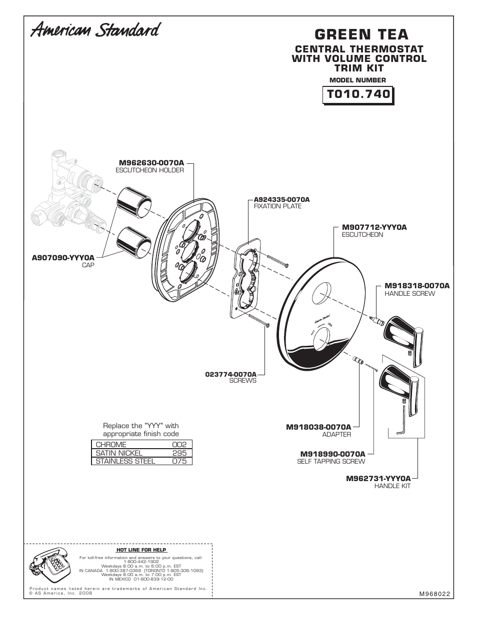 Green tea, Central thermostat with volume control trim kit | American Standard T010.740 User Manual | Page 4 / 12