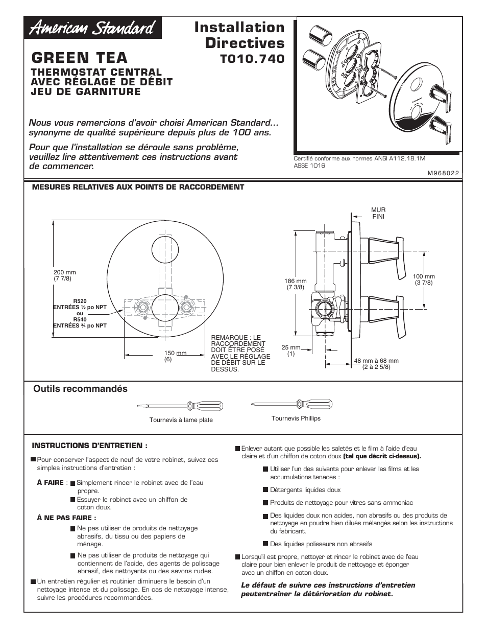 Green tea_t010740-cf, Green tea, Installation directives | Outils recommandés | American Standard T010.740 User Manual | Page 5 / 12