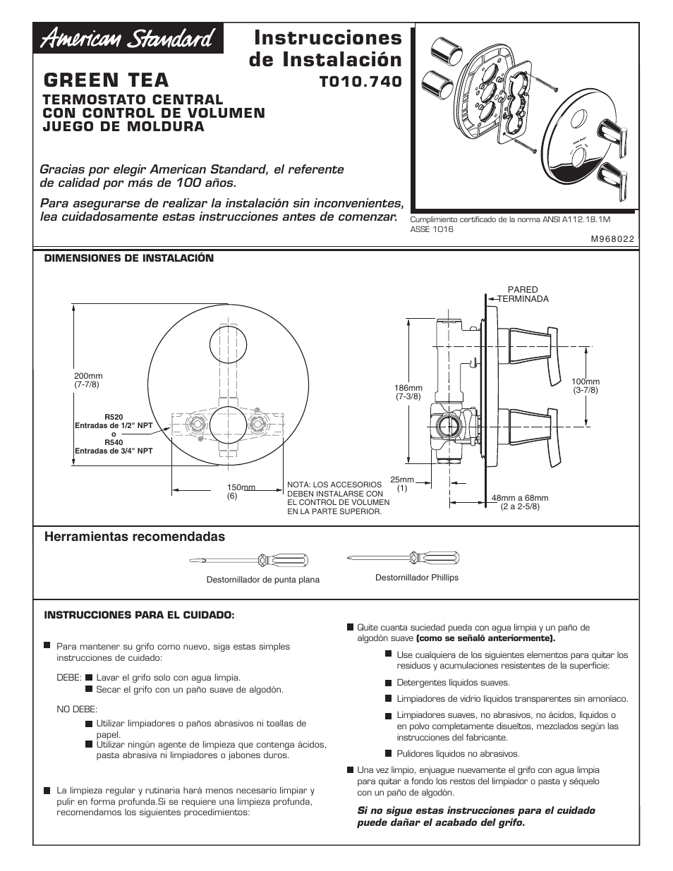 Green tea_t010740-ls, Instrucciones de instalación, Green tea | Herramientas recomendadas | American Standard T010.740 User Manual | Page 9 / 12