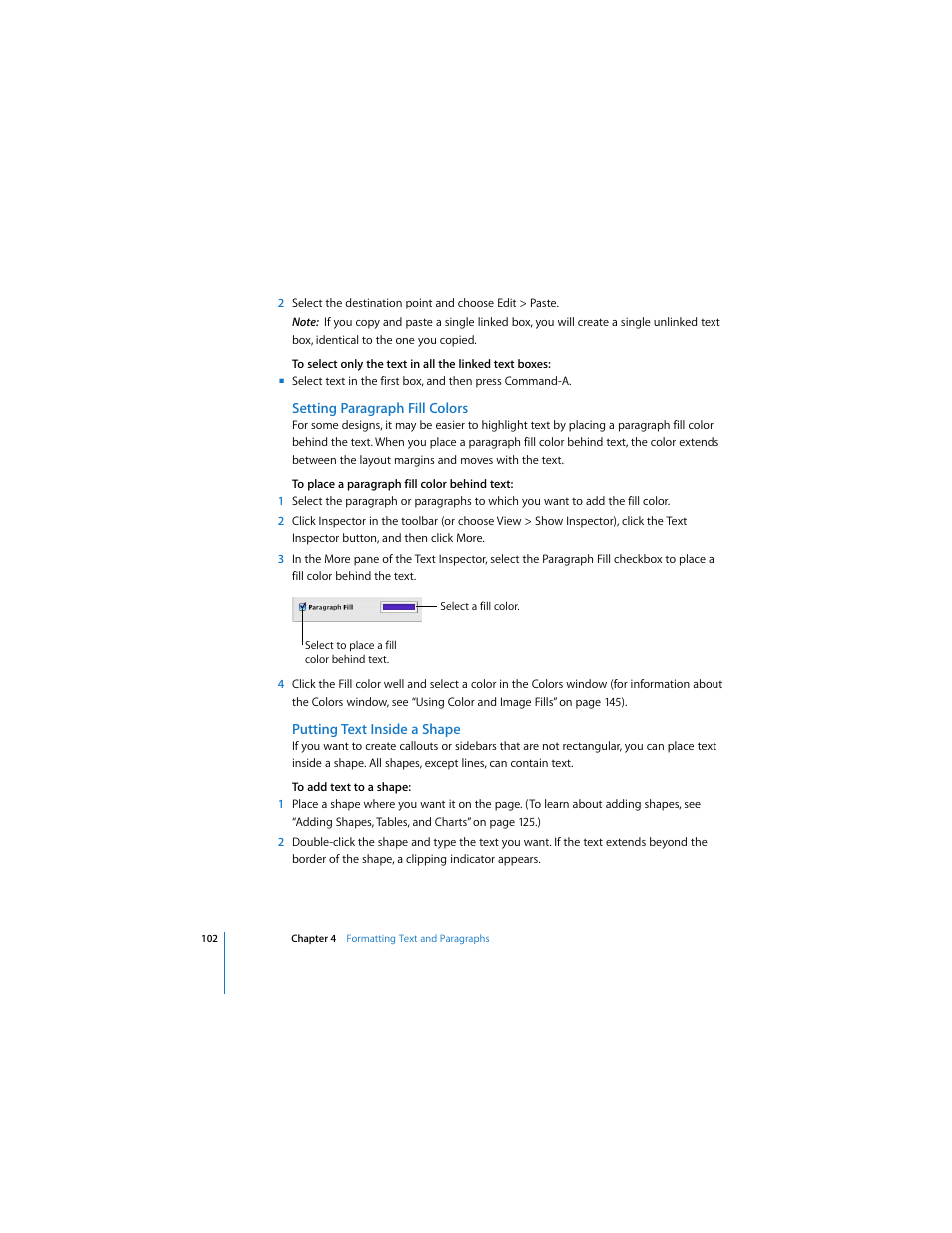 Setting paragraph fill colors, Putting text inside a shape | Apple Pages 2 User Manual | Page 102 / 250