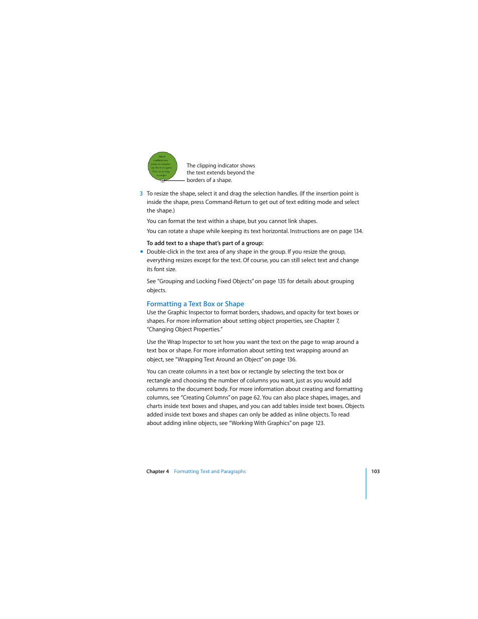 Formatting a text box or shape, See “formatting a text box or shape” on | Apple Pages 2 User Manual | Page 103 / 250