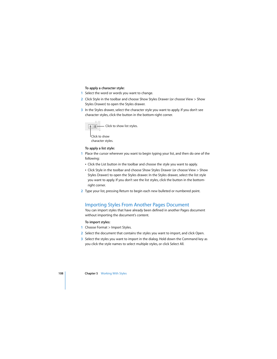 Importing styles from another pages document | Apple Pages 2 User Manual | Page 108 / 250