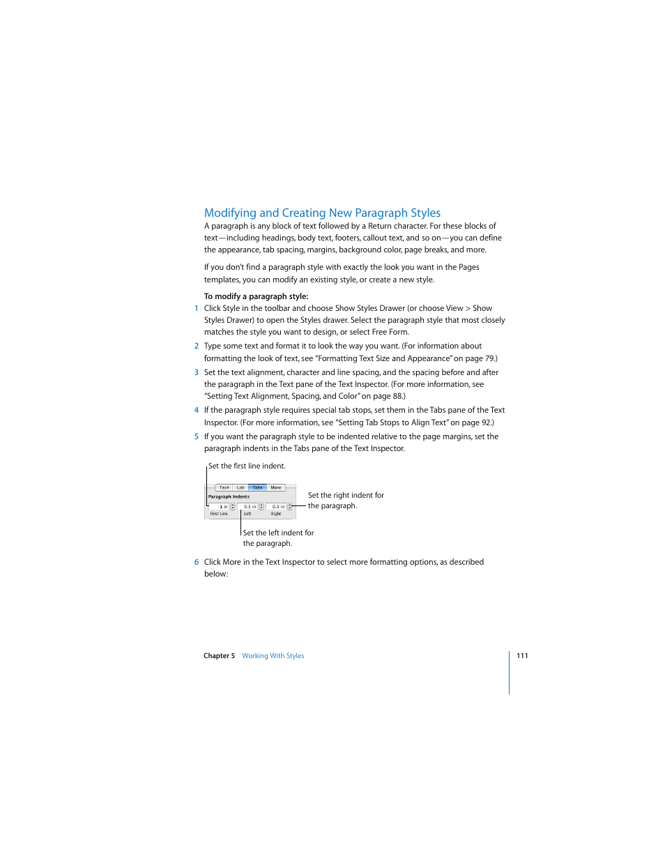 Modifying and creating new paragraph styles | Apple Pages 2 User Manual | Page 111 / 250