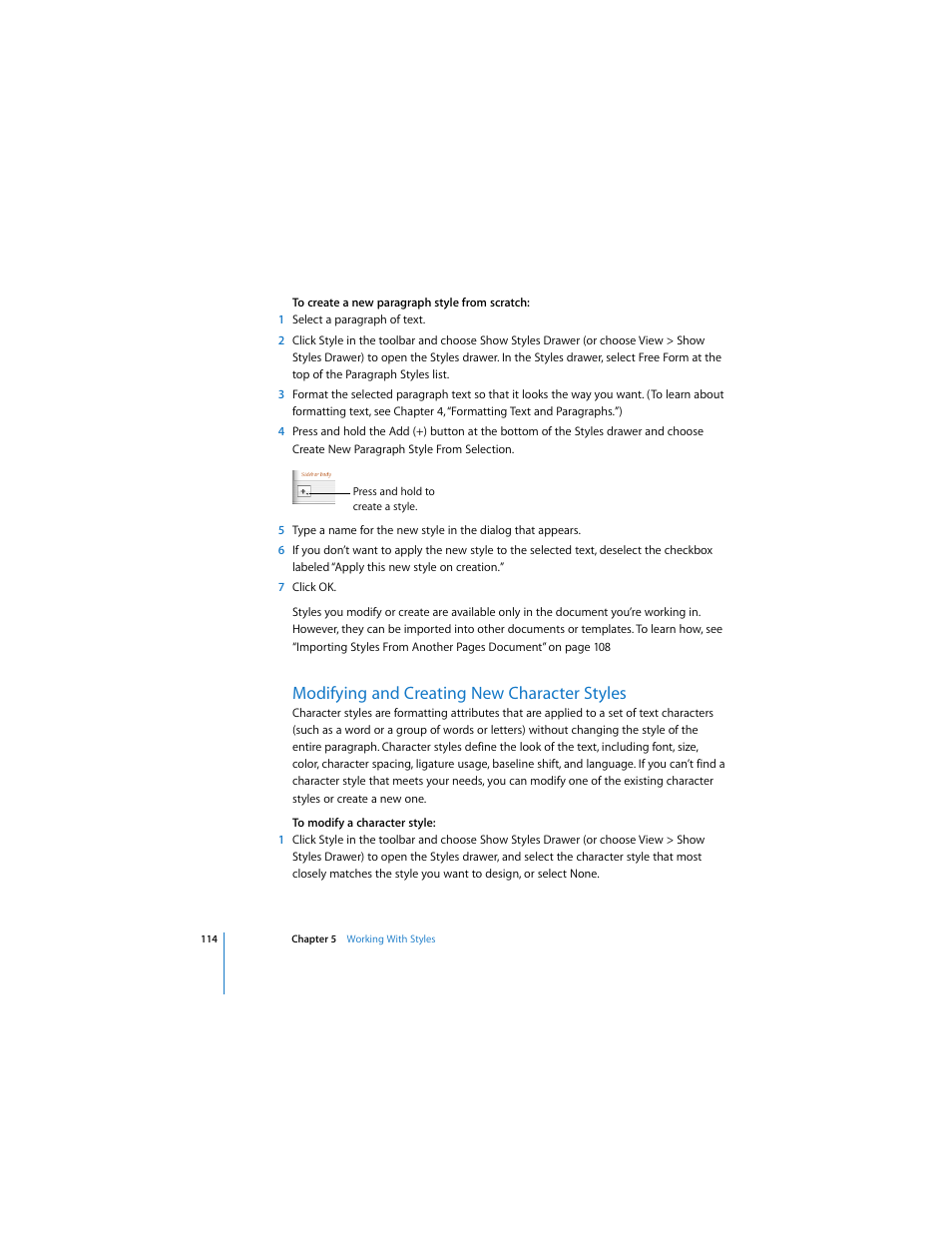 Modifying and creating new character styles | Apple Pages 2 User Manual | Page 114 / 250