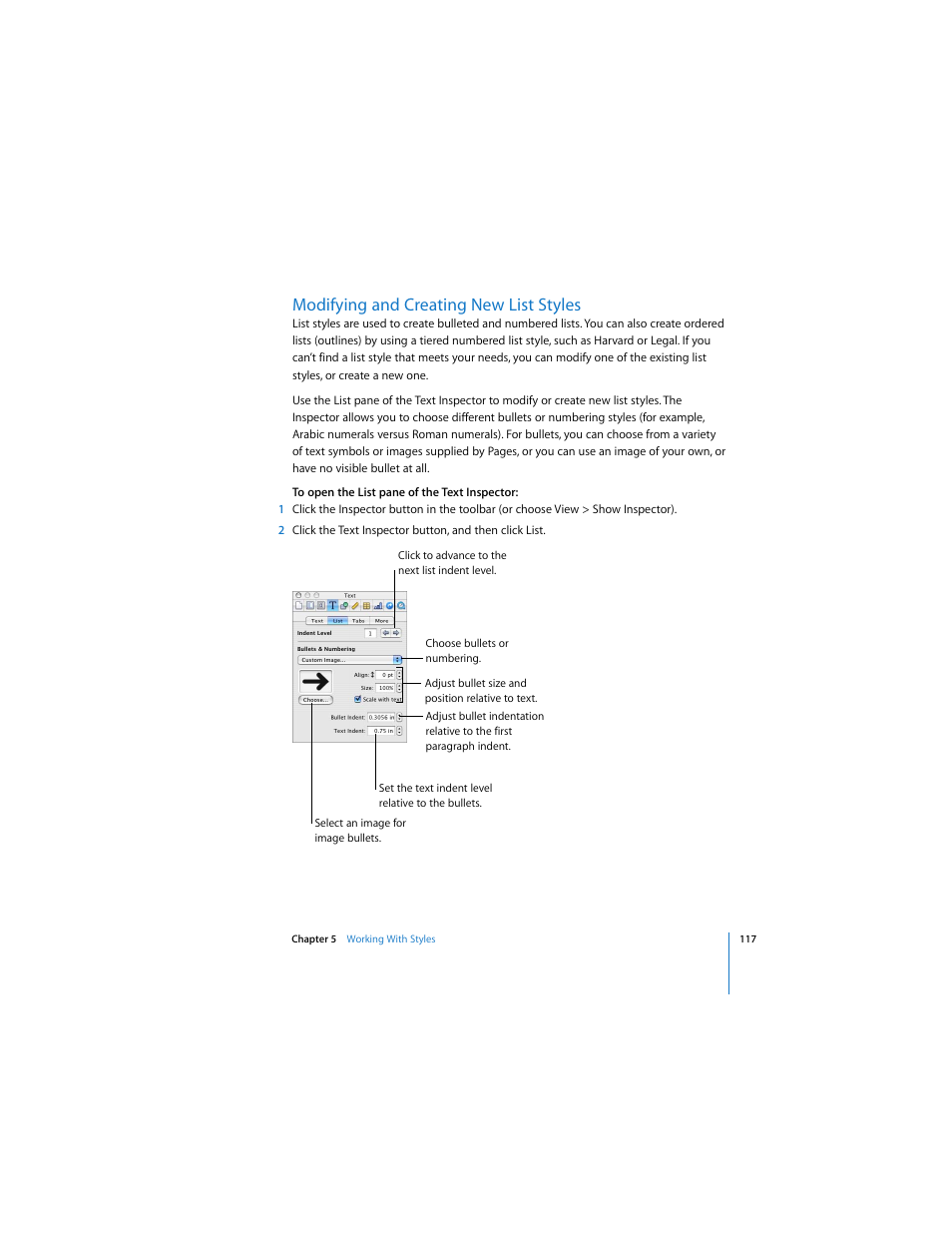 Modifying and creating new list styles, See “modifying | Apple Pages 2 User Manual | Page 117 / 250