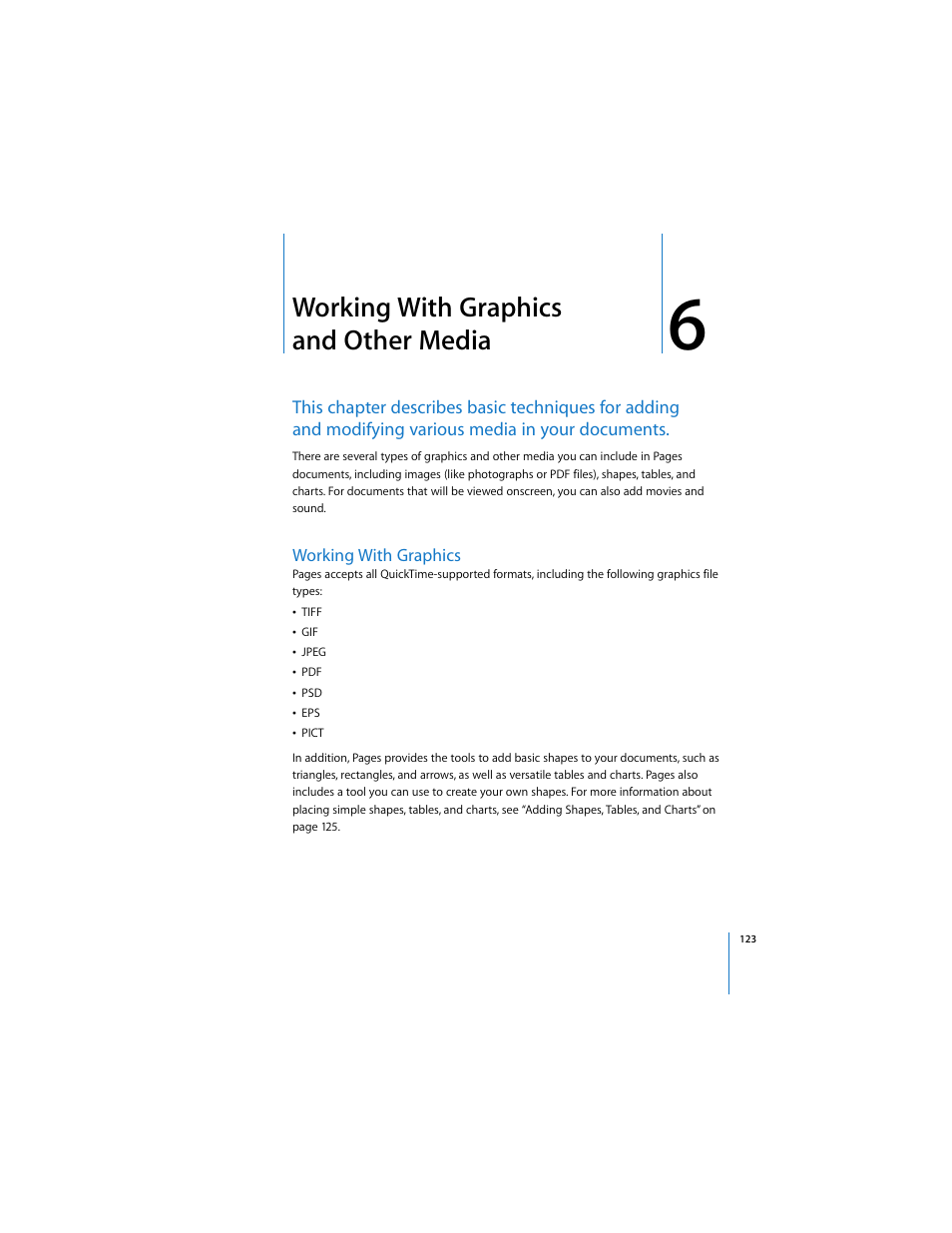 Working with graphics andother media, Working with graphics, Media | See chapter 6, Working with graphics and other media | Apple Pages 2 User Manual | Page 123 / 250