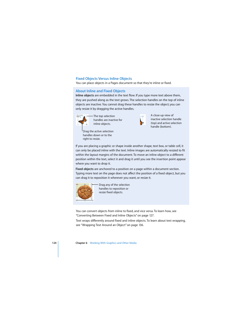 Fixed objects versus inline objects, About inline and fixed objects | Apple Pages 2 User Manual | Page 124 / 250