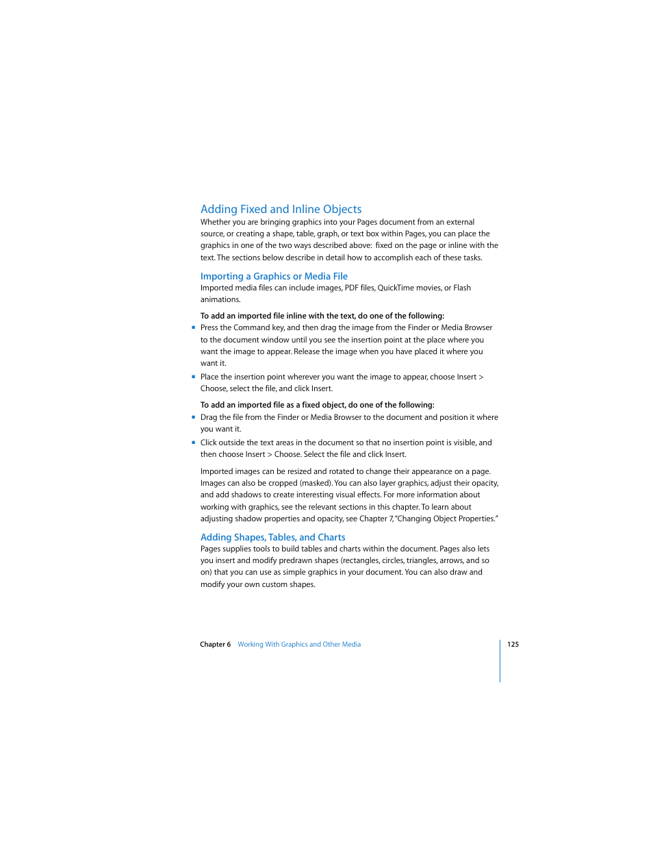 Adding fixed and inline objects, Importing a graphics or media file, Adding shapes, tables, and charts | See “adding shapes, tables, and | Apple Pages 2 User Manual | Page 125 / 250