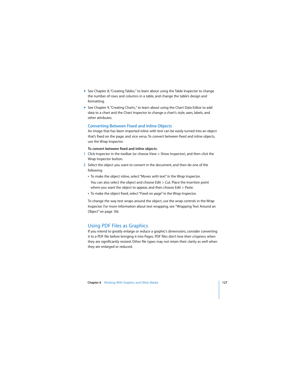 Converting between fixed and inline objects, Using pdf files as graphics | Apple Pages 2 User Manual | Page 127 / 250