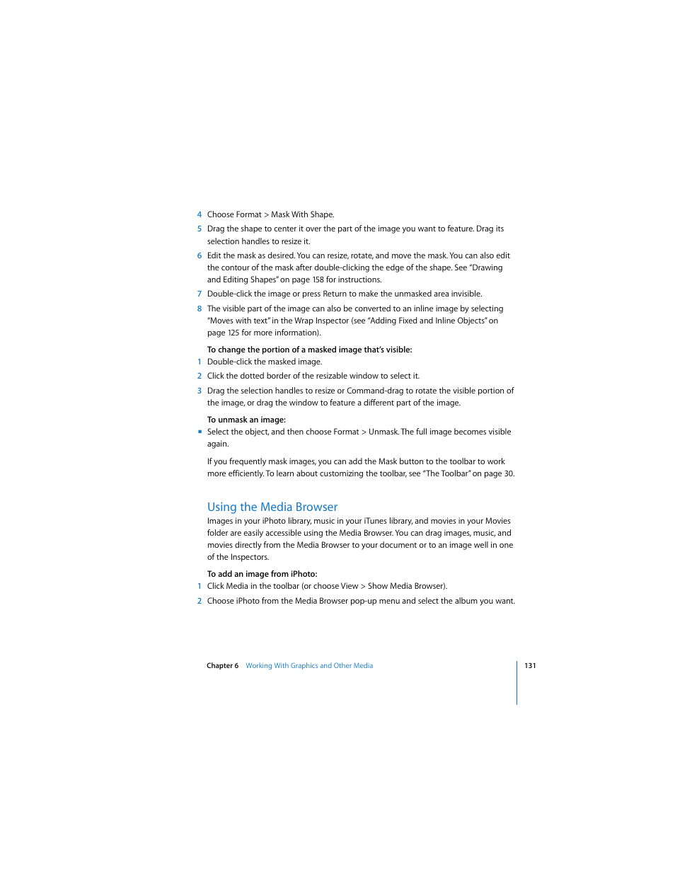 Using the media browser, Ee “using the | Apple Pages 2 User Manual | Page 131 / 250