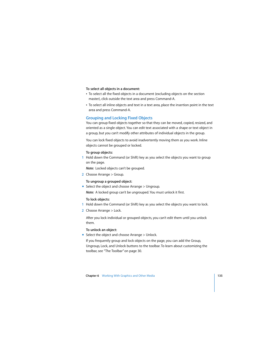 Grouping and locking fixed objects | Apple Pages 2 User Manual | Page 135 / 250