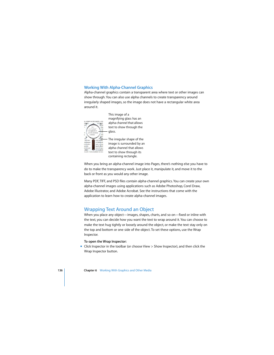 Working with alpha-channel graphics, Wrapping text around an object, See “wrapping text around an | Apple Pages 2 User Manual | Page 136 / 250