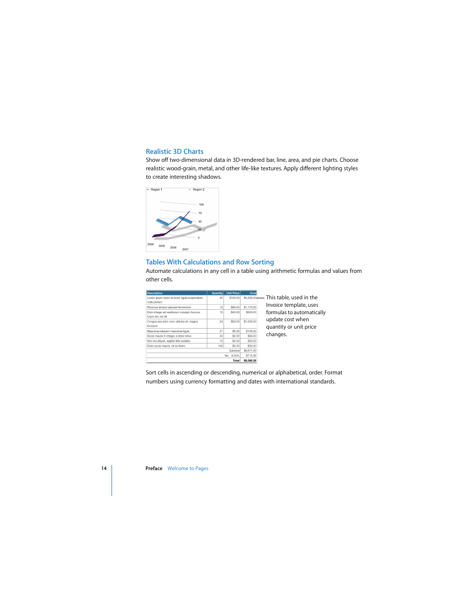 Realistic 3d charts, Tables with calculations and row sorting | Apple Pages 2 User Manual | Page 14 / 250