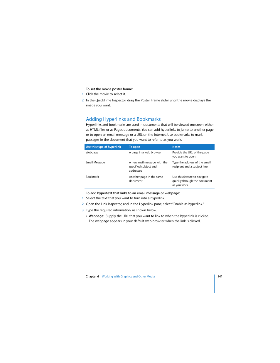 Adding hyperlinks and bookmarks | Apple Pages 2 User Manual | Page 141 / 250