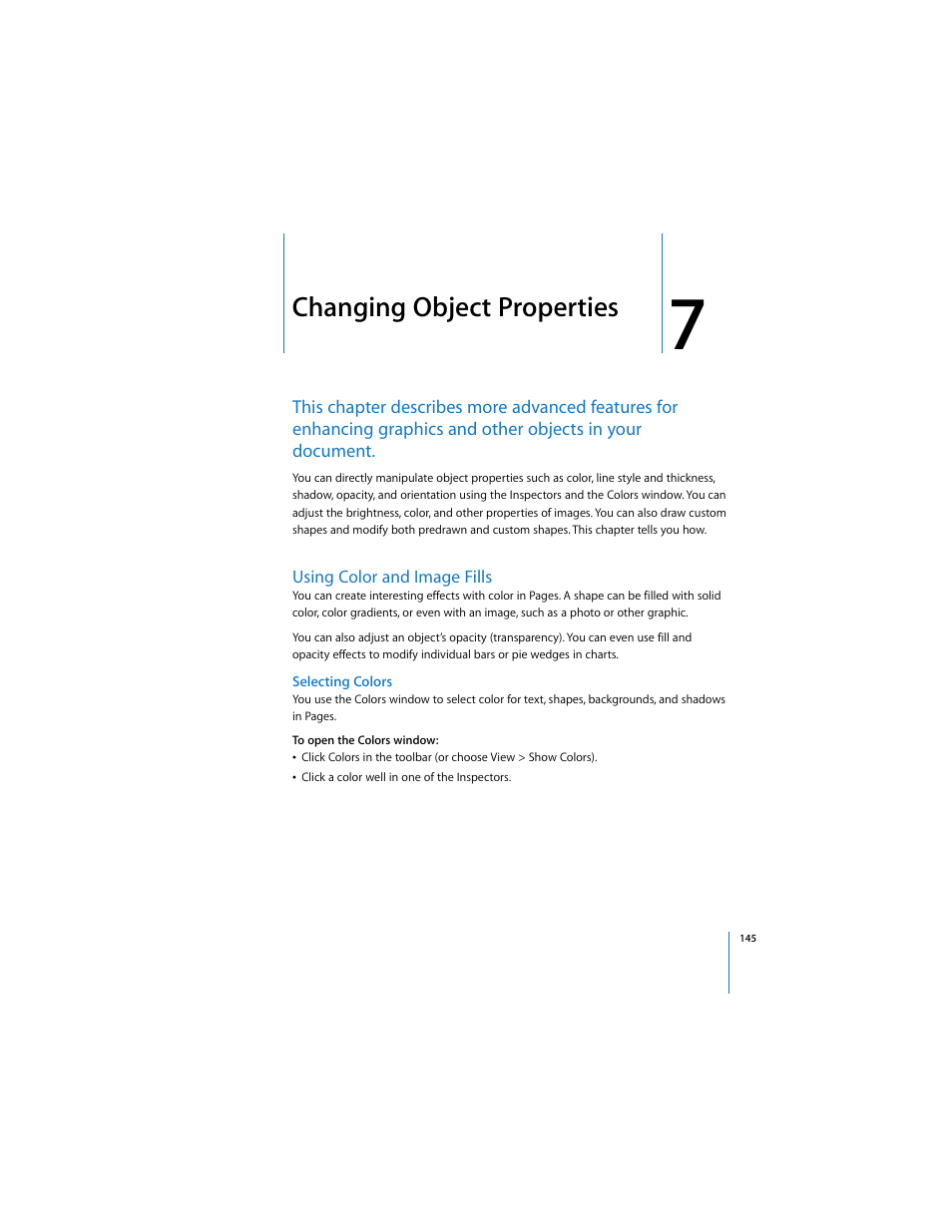 Changing object properties, Using color and image fills, Selecting colors | See chapter 7, “changing object properties, See chapter 7, Ee chapter 7, “changing object properties,” t | Apple Pages 2 User Manual | Page 145 / 250