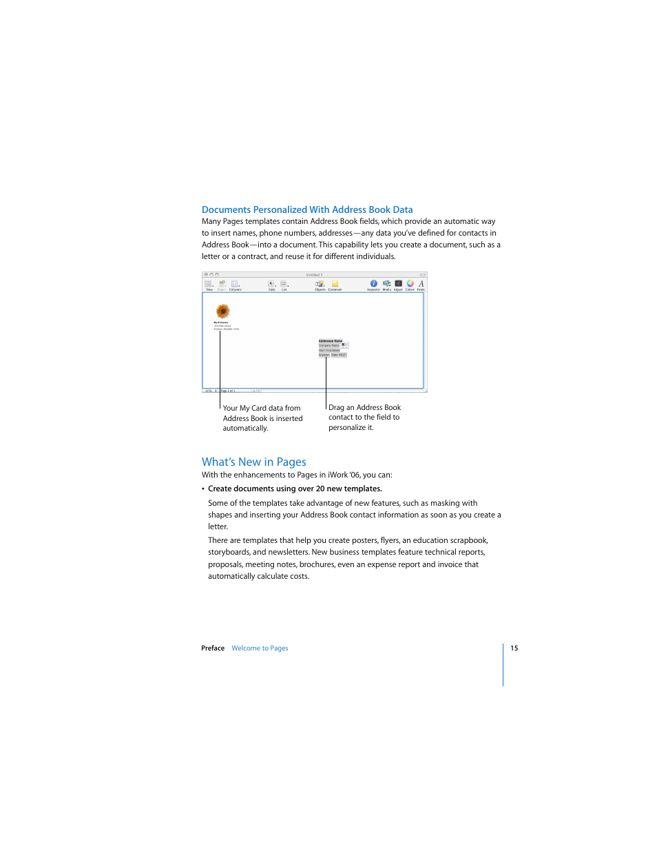 Documents personalized with address book data, What’s new in pages | Apple Pages 2 User Manual | Page 15 / 250
