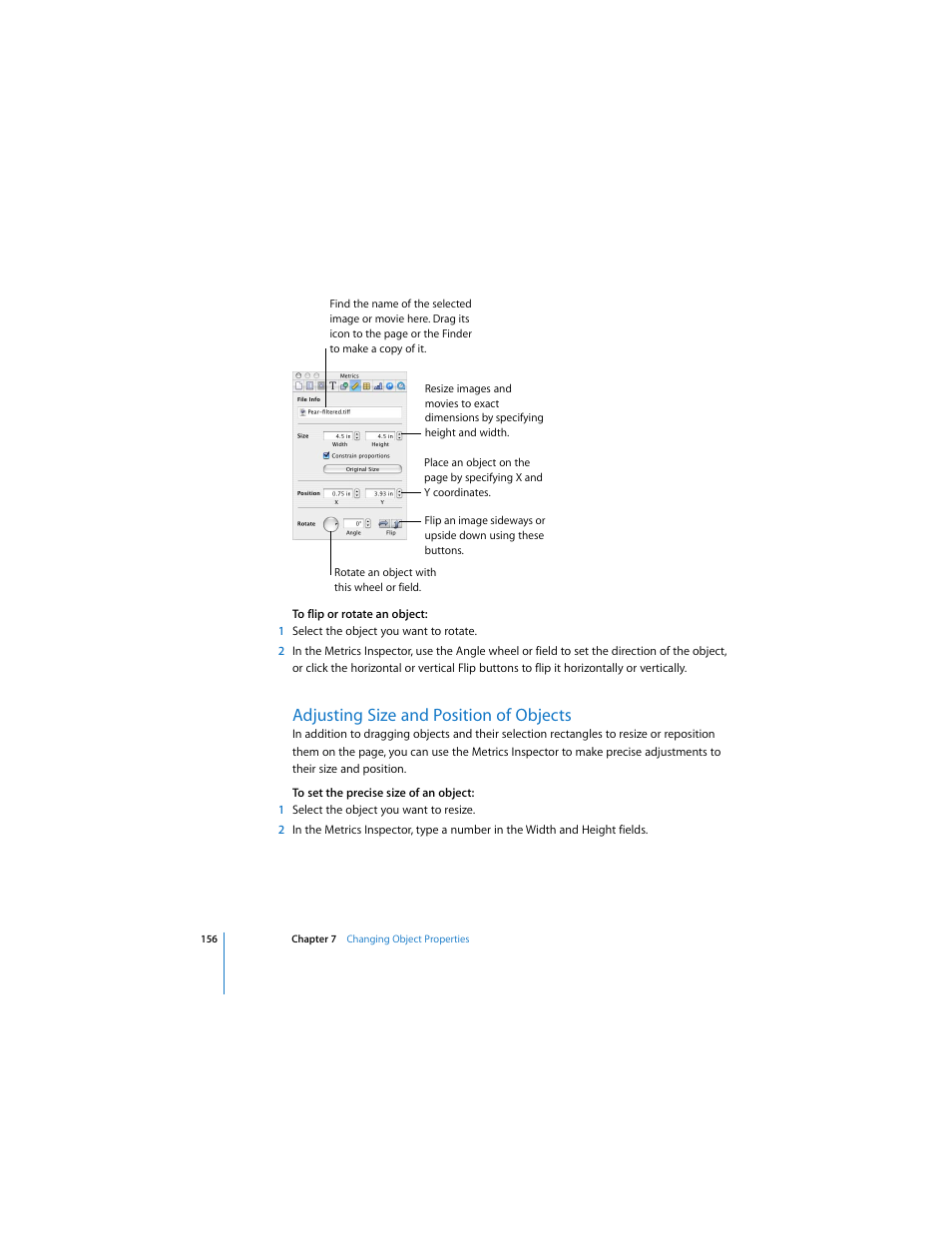 Adjusting size and position of objects | Apple Pages 2 User Manual | Page 156 / 250